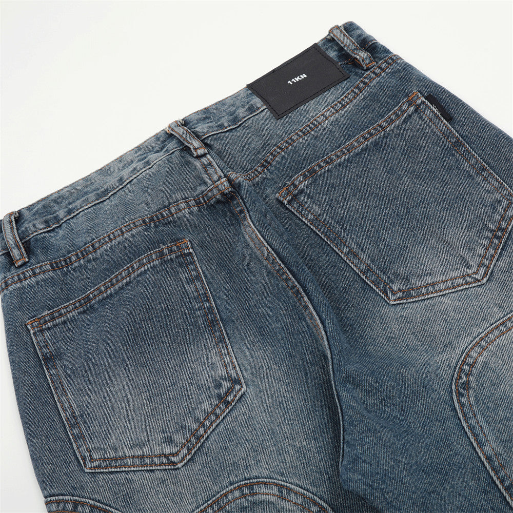 Men Jeans Solid Color Stitching Personality Slightly Flared Loose White