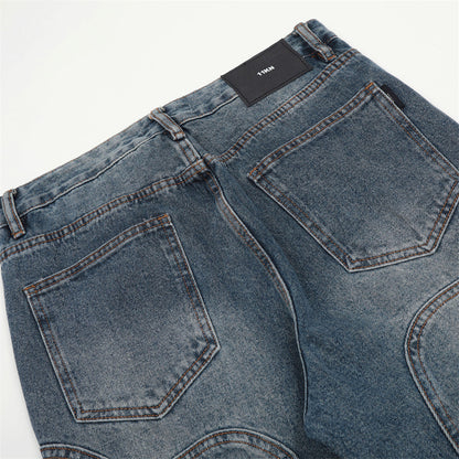 Men Jeans Solid Color Stitching Personality Slightly Flared Loose White