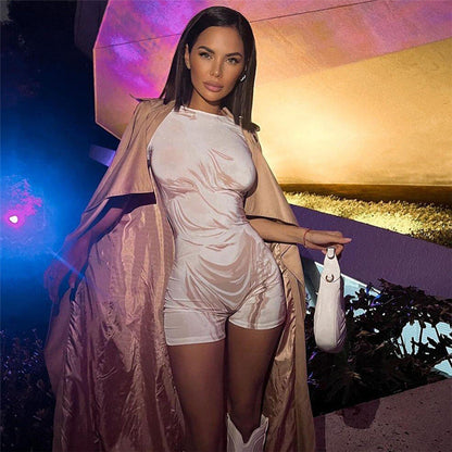 Women Jumpsuit Summer Casual round Neck Short Sleeves Tight One-Piece Shorts