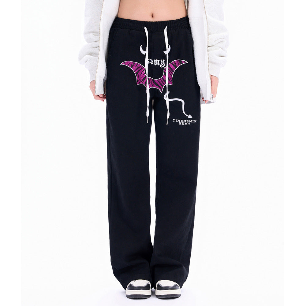 Men Sweatpants Personalized Embroidered Devil Horn Straight Casual Trousers Hip Hop Diagonal Cloth Jeans