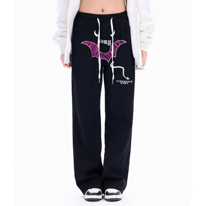 Men Sweatpants Personalized Embroidered Devil Horn Straight Casual Trousers Hip Hop Diagonal Cloth Jeans