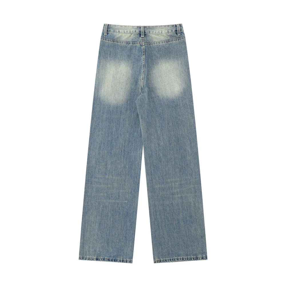 Women Pants Washed Jeans Straight Wide Leg Pants Loose Trousers