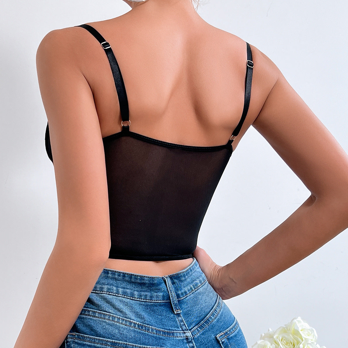 Women Party Tops Embroidery Mesh Sexy Sling Vest