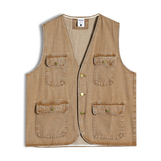 Men Vest Denim Vest Men's V-neck Sleeveless Retro Multi-Pocket Workwear Vest