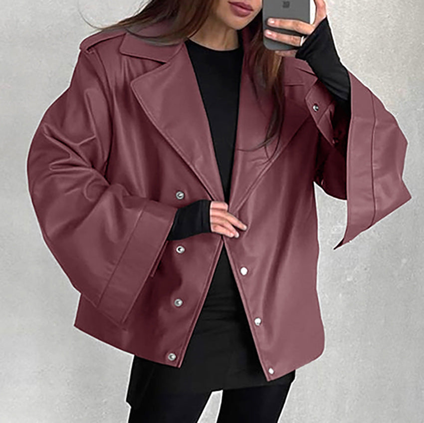 Women Trench Coat PU Leather Jacket Fleece-lined Autumn and Winter Loose