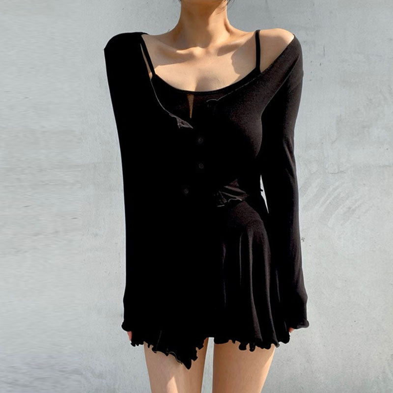 Women Dresses U-Neck Sling Pleated Dress Cardigan Button Long Sleeve Jacket Two-Piece Short Skirt