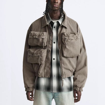 MIJKO Mens Jacket Multi Pocket Lapel Zip Mainstream Fashion Jacket