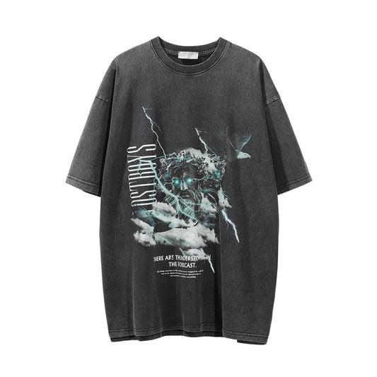Men Vintage T-Shirt Printed Washed Distressed Short-Sleeved T-shirt Men's Loose round Neck