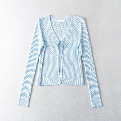 Women Sweater Knitwear Knitted Sun Protection Shirt Summer Slim Fit V-neck Hollow Lace-up Cardigan Jacket