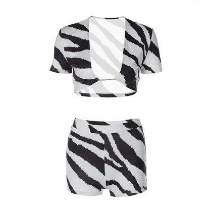 Women Co-Ord Set Zebra Print Sexy Suit Short Sleeve Shorts Suit