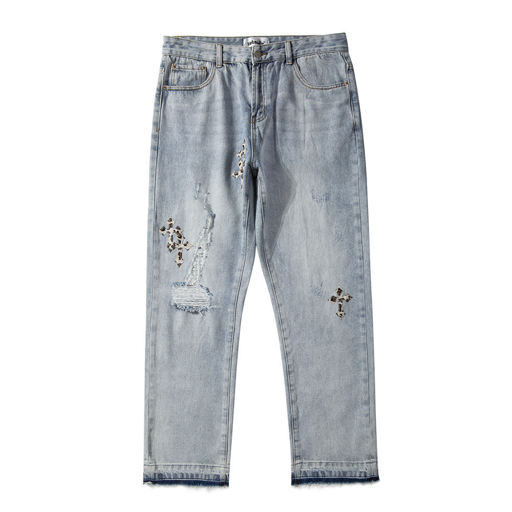Men Jeans Cross Embroidery Ripped Distressed Loose