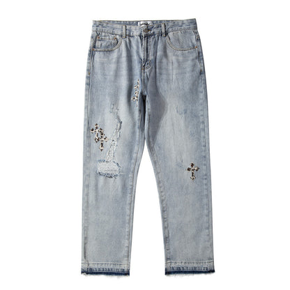 Men Jeans Cross Embroidery Ripped Distressed Loose
