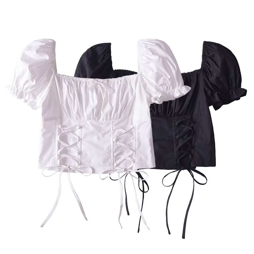Women Tops Summer Vintage Court Style Puff Sleeve Square Collar Lace up Shirt