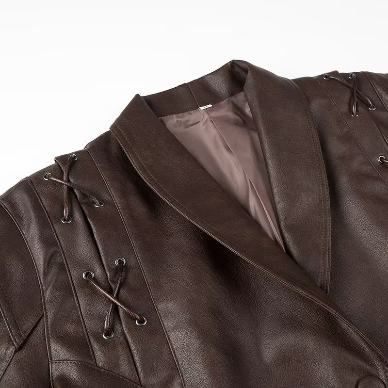Women Tops Spring Retro Coffee Color Brown Leather Coat V-neck Lace-up Top