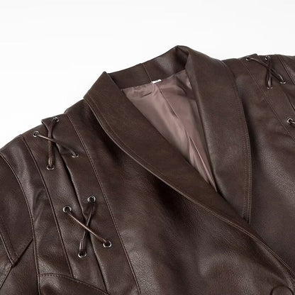 Women Tops Spring Retro Coffee Color Brown Leather Coat V-neck Lace-up Top