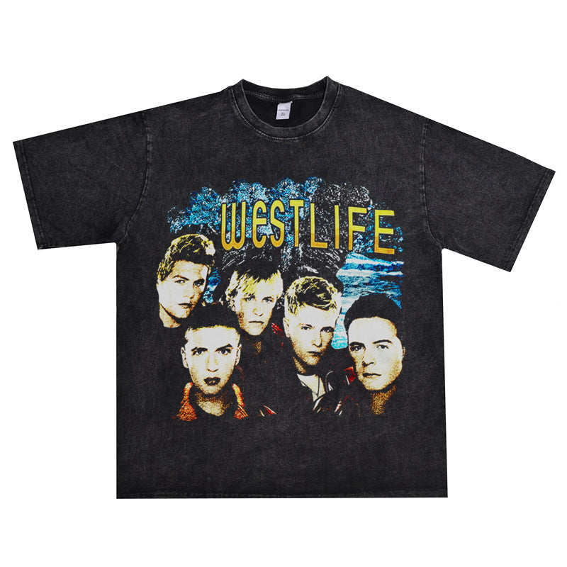 Rock Star T Shirt Westlife Xicheng Boy Washed Distressed T-shirt Short Sleeve Loose Cotton