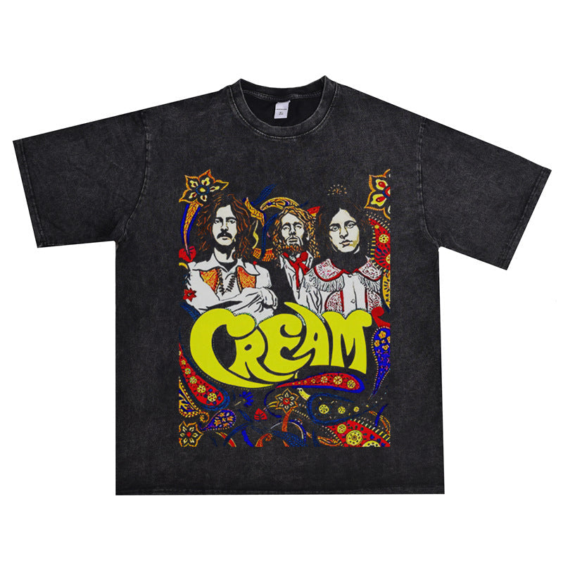 Rock Star T Shirt Cream Band Printed Washed Distressed T-shirt Short Sleeve Loose round Neck Cotton Men and Women