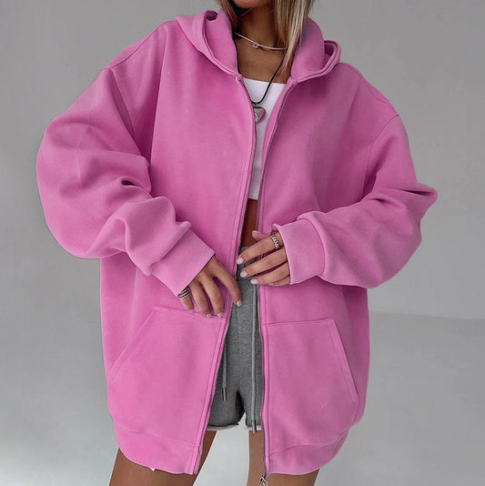 Women Trench Coat Knitted Hooded Jacket Autumn and Winter Pink Casual