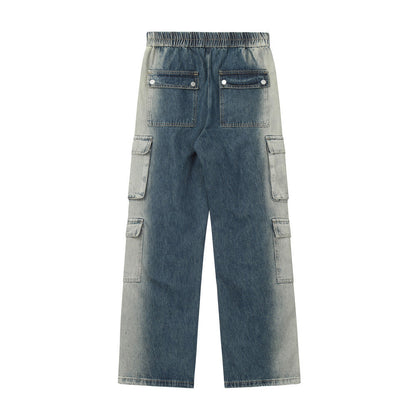Men Jeans Gradient Tie-Dye Multi-Pocket Popular Hip Hop Loose