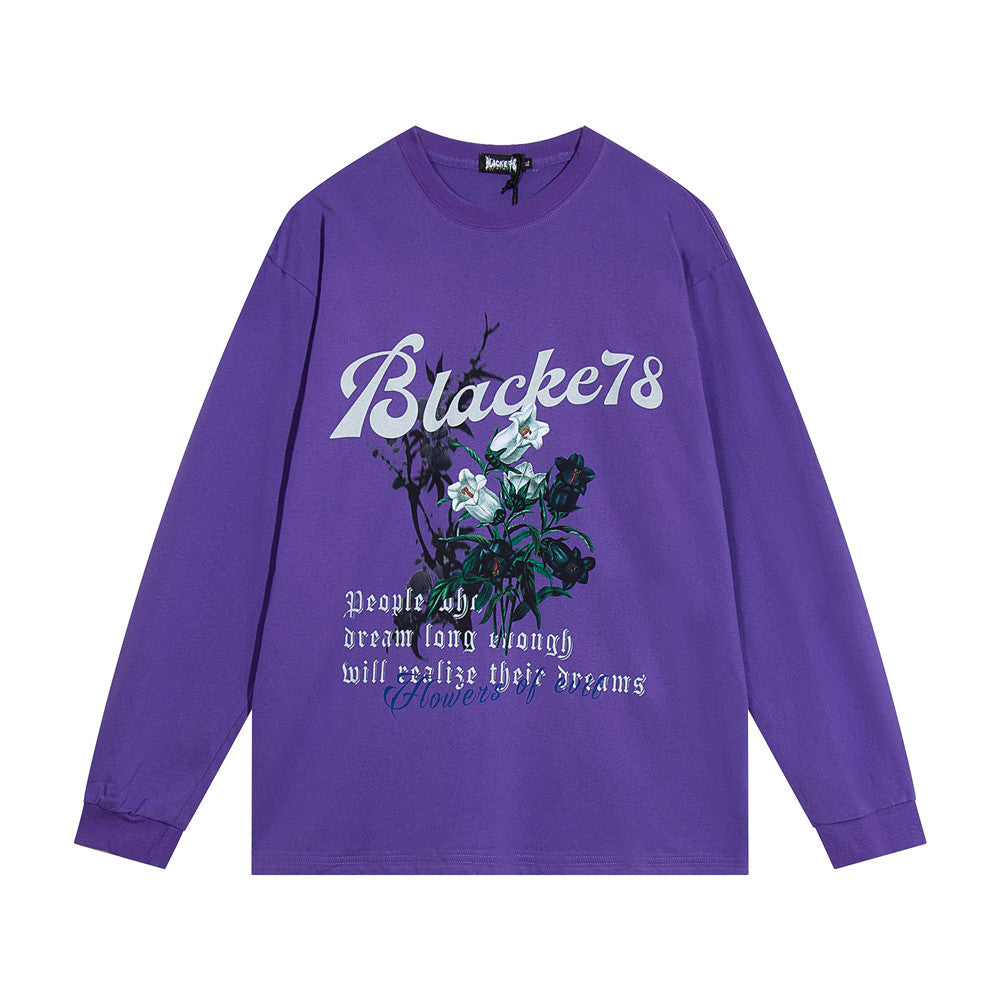 Men Long Sleeve T-Shirt Flowers Printed Bottoming Shirt Loose