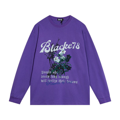 Men Long Sleeve T-Shirt Flowers Printed Bottoming Shirt Loose