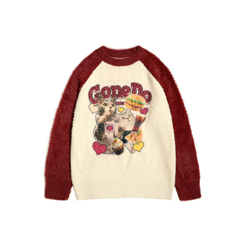 Women Sweater Color Matching Couple Sweater Retro Vibe Loose All-Match