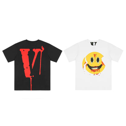 Vlone T Shirts Broken Smiley Face Big V Printed Short Sleeve T-shirt Men and Women Couple High Street Half Sleeve