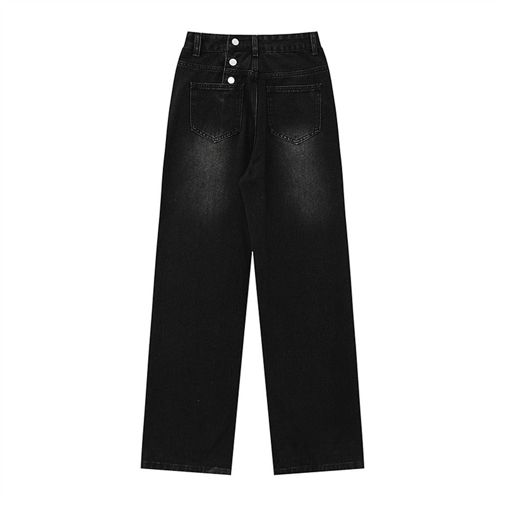 Women Pants Fastener Decoration Straight Jeans Women Loose Wide Leg Pants Retro Trousers