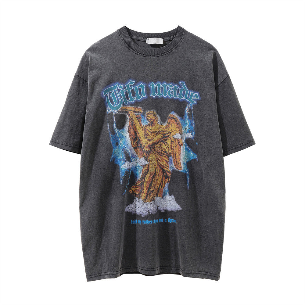 Men Vintage T-Shirt Printed Men's Short-Sleeved T-shirt Distressed Crew Neck T-shirt Summer Loose