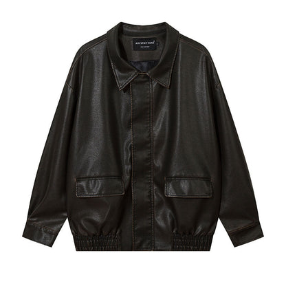 Women Jackets Vintage Distressed PU Leather Jacket