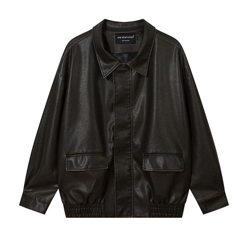 Women Jackets Vintage Distressed PU Leather Jacket