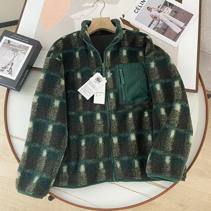Women Cotton Coat Couple's Polar Fleece Stand Collar Plaid Jacket