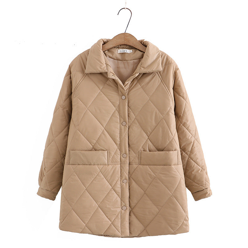 Women Cotton Coat plus Size Diamond Plaid Loose Slimming and Warm