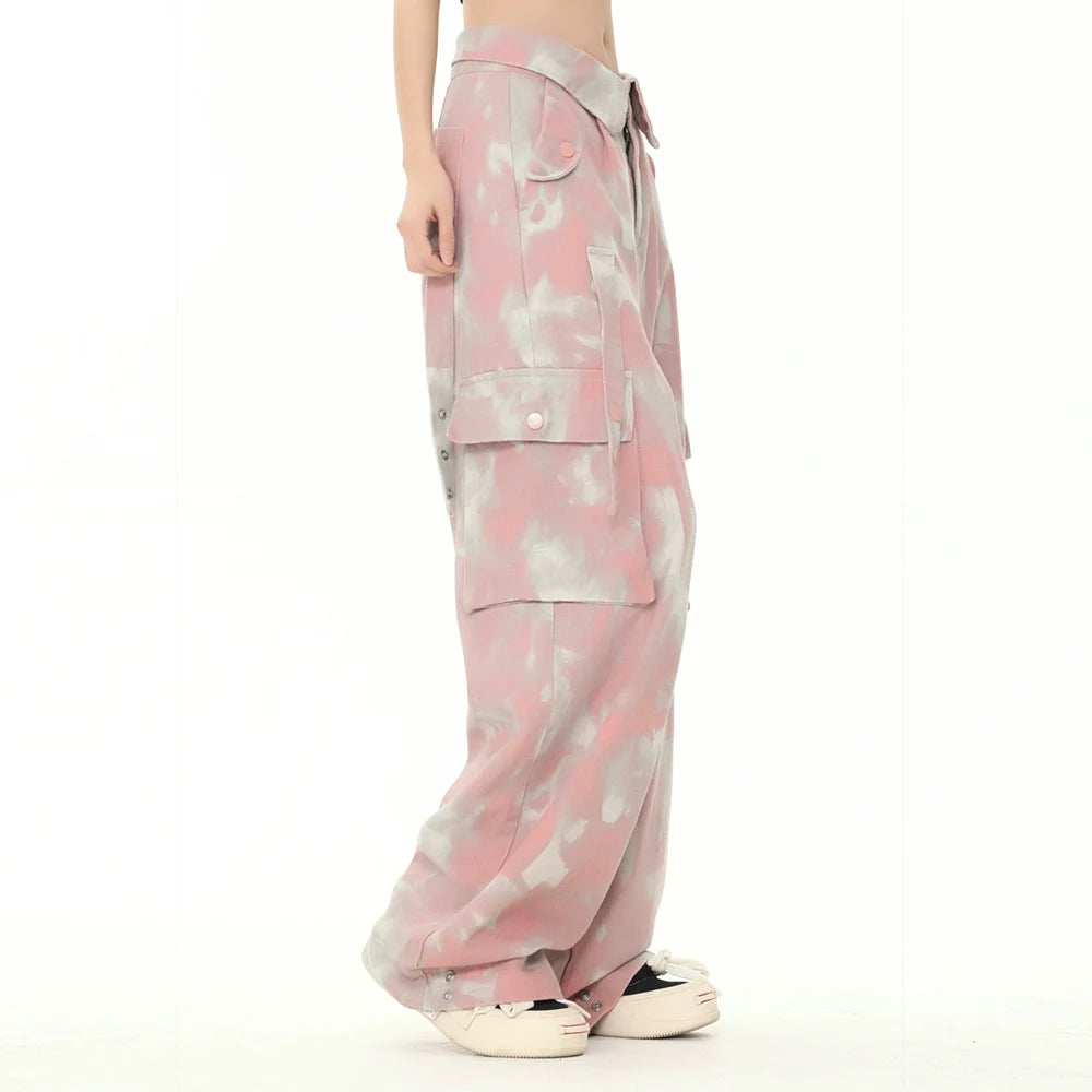 Men Sweatpants Tie-Dyed Long Pants Loose Camouflage Multi-Pocket Workwear Wide-Leg Pants