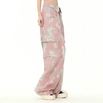 Men Sweatpants Tie-Dyed Long Pants Loose Camouflage Multi-Pocket Workwear Wide-Leg Pants