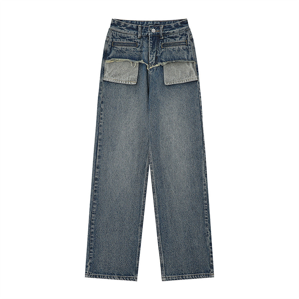 Women Pants Pocket Straight Jeans Loose High Waist Wide Leg Pants Casual Washed Trousers