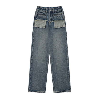 Women Pants Pocket Straight Jeans Loose High Waist Wide Leg Pants Casual Washed Trousers