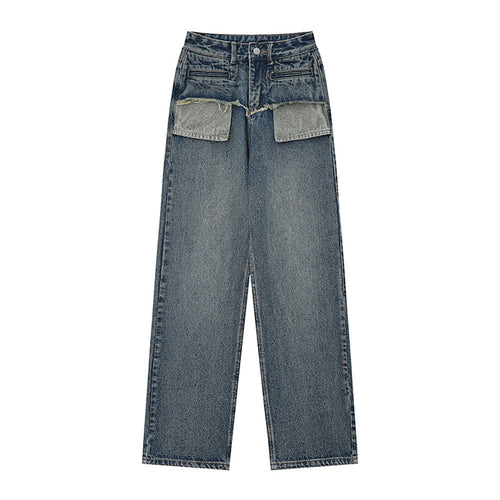 Women Pants Pocket Straight Jeans Loose High Waist Wide Leg Pants Casual Washed Trousers