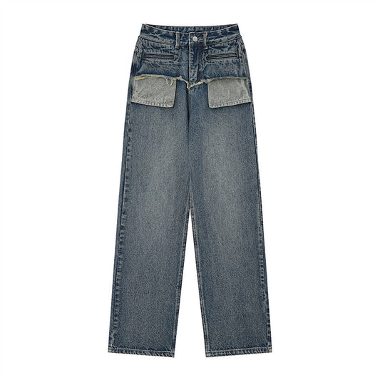 Women Pants Pocket Straight Jeans Loose High Waist Wide Leg Pants Casual Washed Trousers