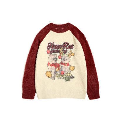 Women Sweater Color Matching Couple Sweater Retro Vibe Loose All-Match