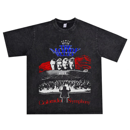 Rock Star T Shirt the Moody Blues Band Washed Distressed T-shirt Short Sleeve round Neck Loose