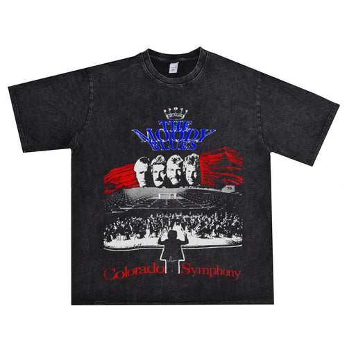 Rock Star T Shirt the Moody Blues Band Washed Distressed T-shirt Short Sleeve round Neck Loose