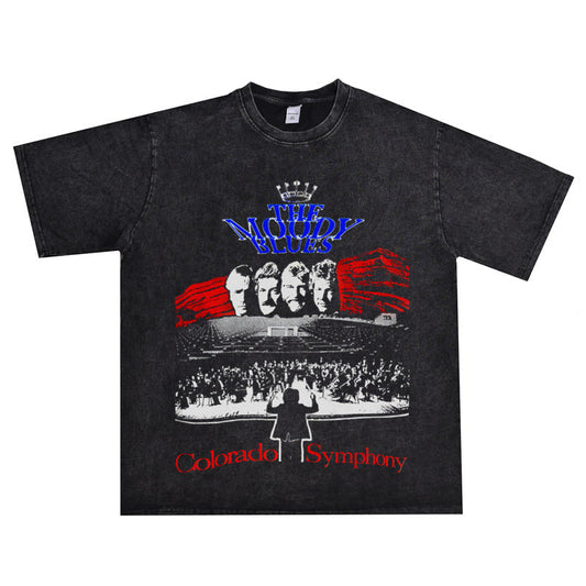 Rock Star T Shirt the Moody Blues Band Washed Distressed T-shirt Short Sleeve round Neck Loose