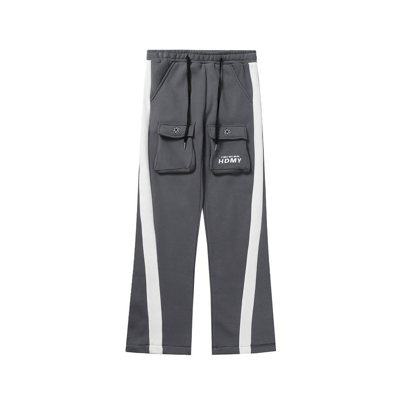 Cargo Pants Color Block Large Pocket Fleece Cotton Pants