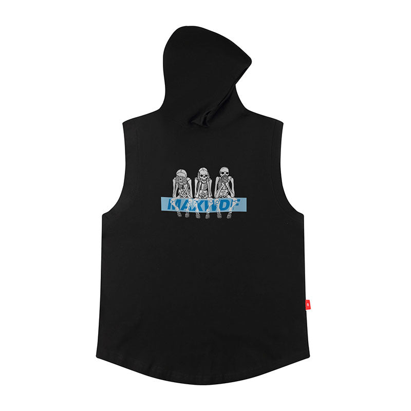 Men Vest Retro Hooded Vest Hip Hop Oversize Sleeveless T-shirt