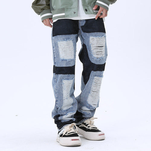 Men Jeans Stitching Ripped Leisure Wide Leg