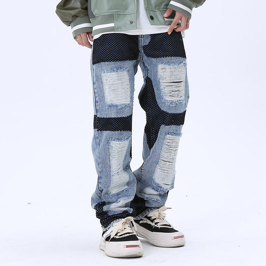 Men Jeans Stitching Ripped Leisure Wide Leg