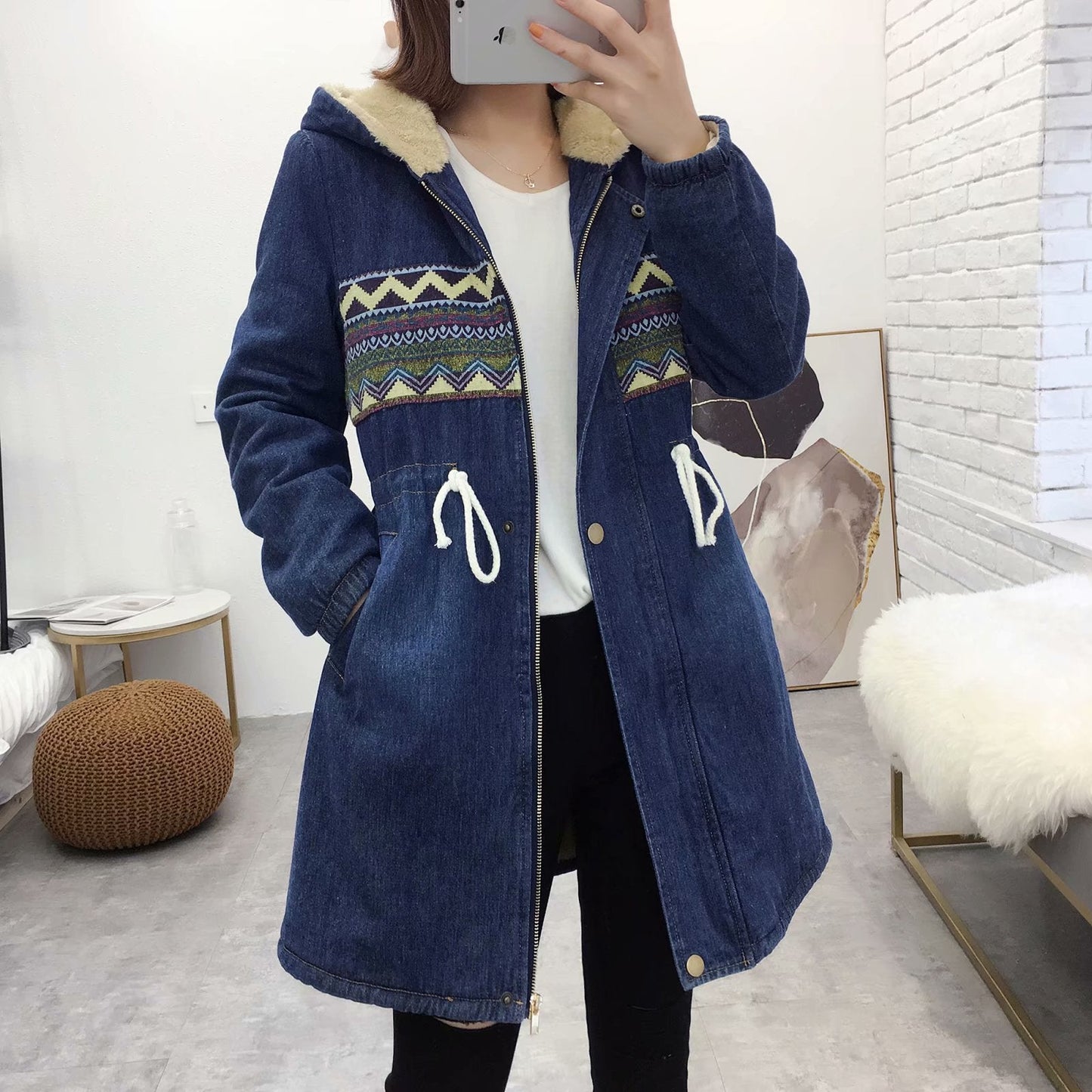 Women Cotton Coat Denim Coat Long Thickened Winter
