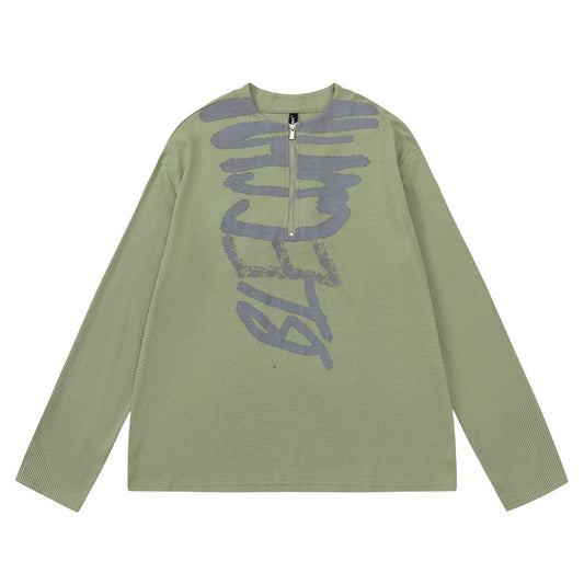 Men Long Sleeve T-Shirt Abstract Graffiti Printing Loose Half Zipper
