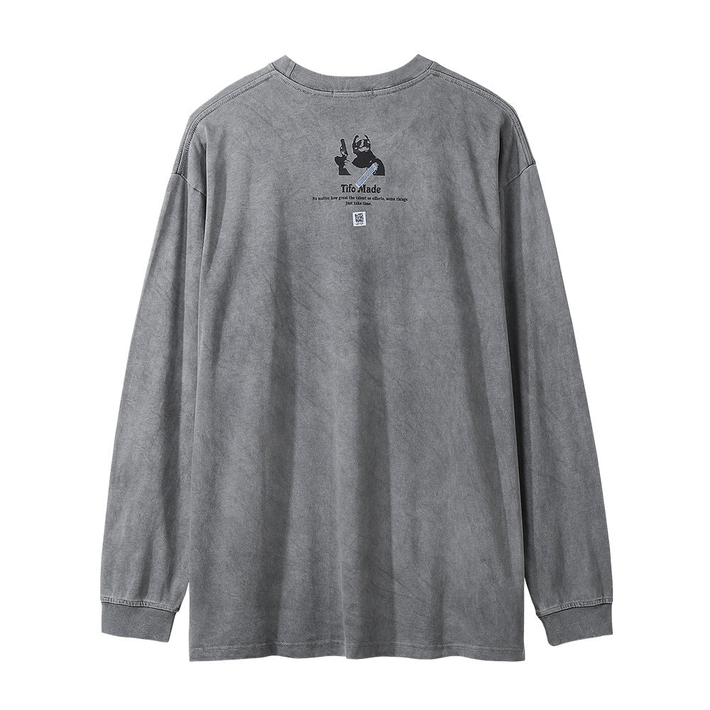 Men Long Sleeve T-Shirt Rock Rap Character Print Washed and Worn